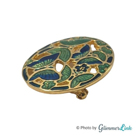 Vintage Butterflies Blue & Green Cloisonné Enamel Gold Tone Round Brooch - Picture 3 of 9